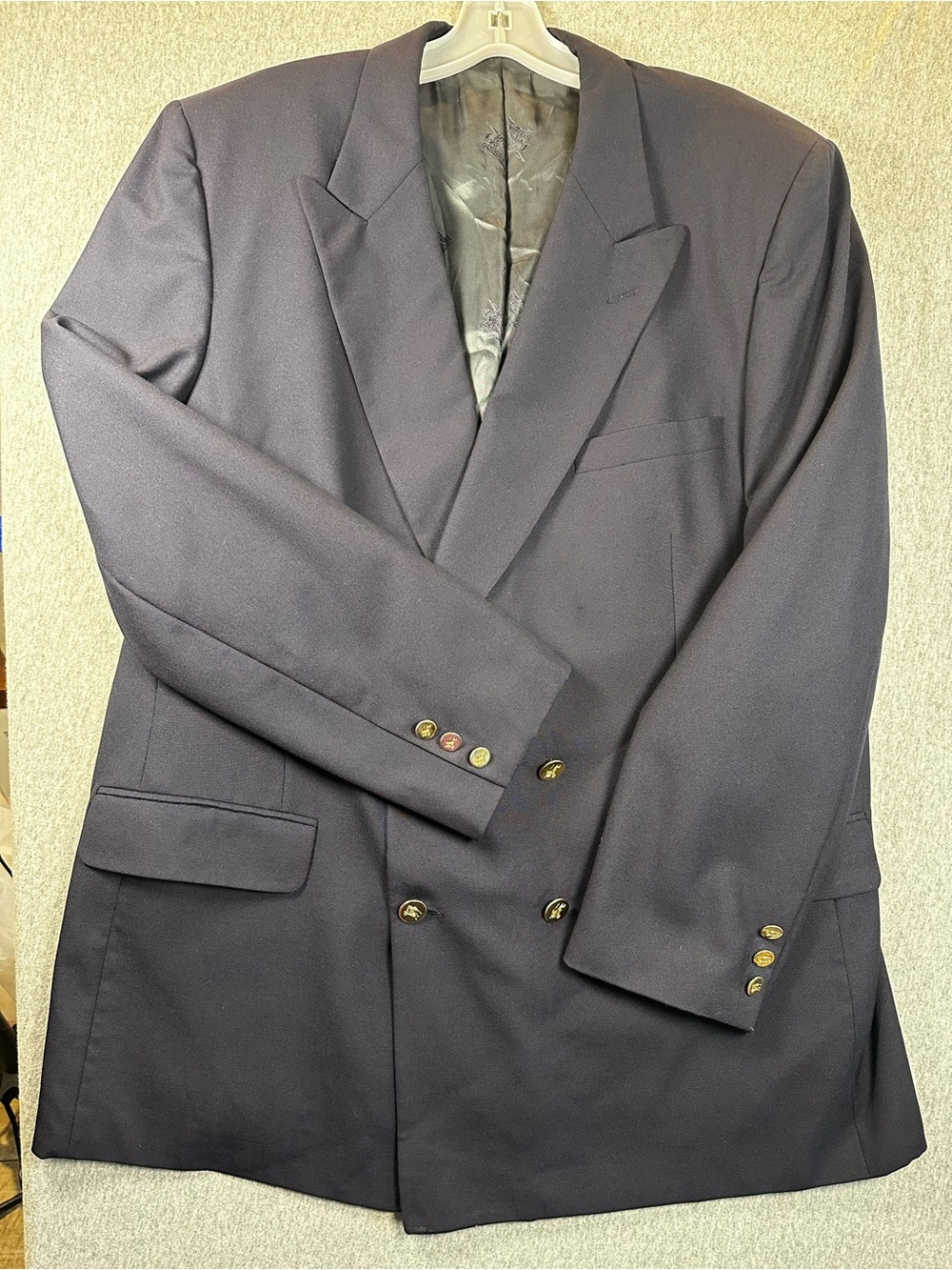 Vintage Burberrys Navy Wool Double Breasted Blazer Gold Equestrian Buttons Mens